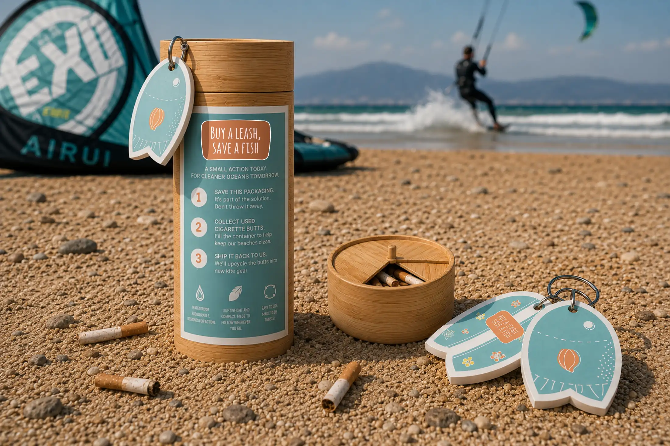 Buy a Leash, Save a Fish — recycled kiteboard made from cigarette filters