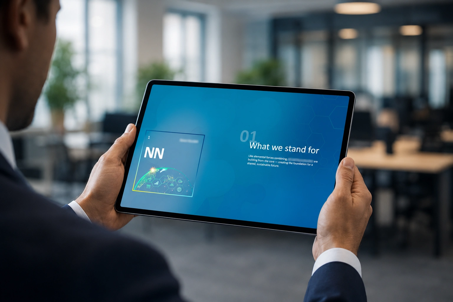 Strategic storytelling visual framework — tablet showing the presentation